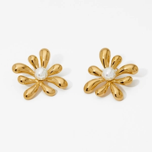 Elegant gold flower stud earrings with white pearl center for women's daily wear