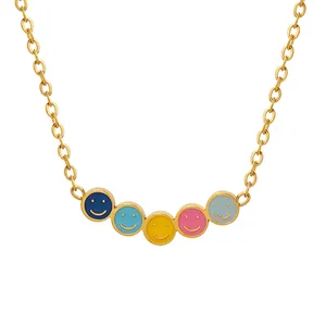 Collana con Pendente Faccina Sorridente in Smalto Colorato per Donna Acciaio al Titanio Placcato Oro Gioielli Hip Hop