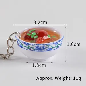 Miniature blue and white porcelain bowl pendant with realistic food model and dimensions