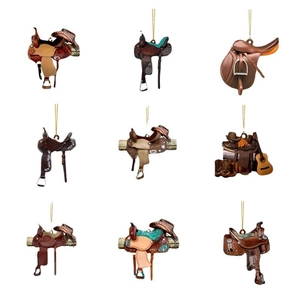 Nine diverse western cowboy acrylic saddle keychains featuring boots and guitars