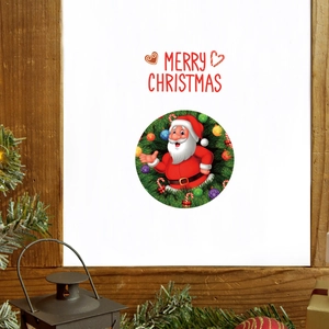 Merry Christmas Santa Claus wall sticker in wreath with festive rustic wooden frame