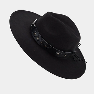 British style wide brim black wool felt fedora hat with studded leather tassels