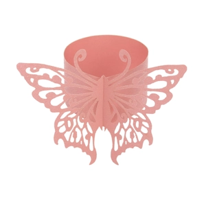 Detailed laser-cut pink butterfly paper napkin ring with hollow wings on white background