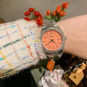 Women's fashion square watch with silver steel band, orange dial and calendar display