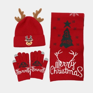 Kids Christmas reindeer knit hat scarf and touchscreen glove set in festive red color