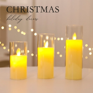 Three-piece LED pillar candles set in glass jars with realistic flickering flame effect