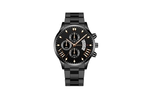 Detail of black Geneva quartz watch with chronograph sub-dials and date window