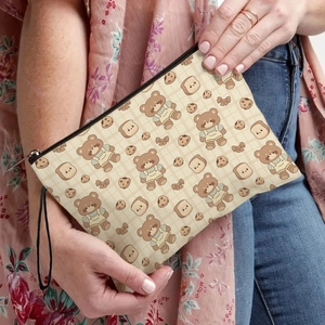 Cartoon bear toiletry bag with beige check pattern and zipper closure for women