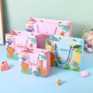 Cartoon Animal Paper Gift Bags Woven Handle White Cardboard Birthday Party Favor Bags For Kids Childrens Day Pink Blue