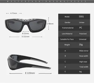 Detailed size chart for polarized sports sunglasses with specific lens and frame measurements
