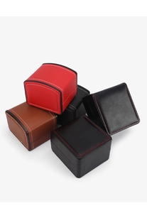 Stack of premium PU leather single watch gift boxes in red, brown and black colors
