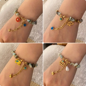 Natural Stone Beaded Bracelet Stainless Steel Heart Eye Elephant Crown Charms Handmade Boho Style Jewelry For Women