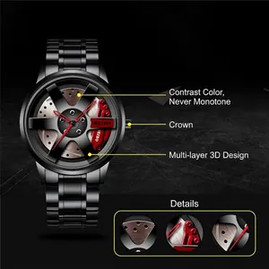 Men's car wheel hub quartz watch with 3D brake disc design and black metal band