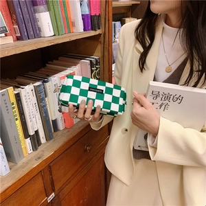 Close-up of green and white checkerboard pencil case held in a library setting