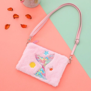 Pink plush mermaid tail crossbody bag with glitter sequins and colorful ocean embroidery