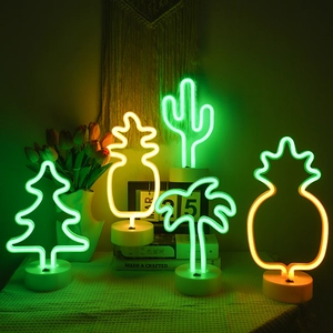 Neon LED decorative night lights set with circular bases in cactus and flamingo shapes