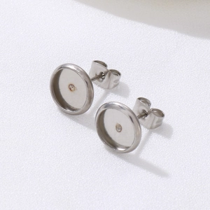 Polished silver stainless steel round bezel earring studs for DIY jewelry making