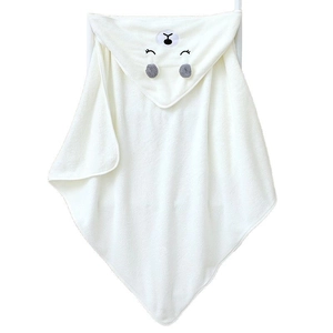 White hooded coral fleece baby towel with cute 3D animal ears and soft bear embroidery