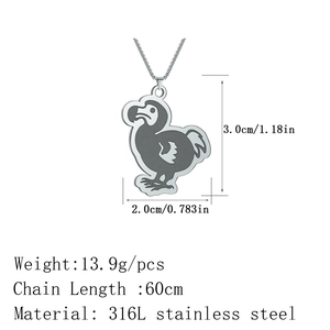 Silver stainless steel dodo bird pendant necklace with size specs and 60cm chain length