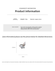 Detailed size chart for the butterfly zircon ring showing dimensions 2.6cm x 3cm and 5.5g weight