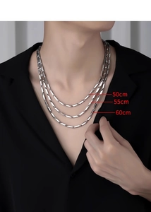 Men's titanium steel chain necklaces shown in three layered lengths: 50cm, 55cm, and 60cm