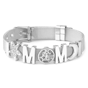 Silver stainless steel mesh bracelet with sparkling star charms and MOM letter pendant