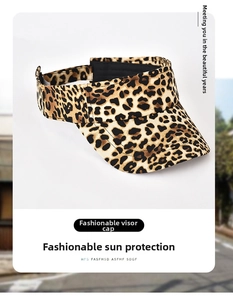 Detail of leopard print sun visor with breathable sweatband and wide brim for summer