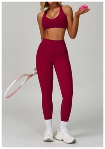 Burgundy racerback sports bra and high-waist yoga leggings set for fitness