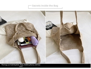 Detail view of large knit tote bag capacity showing interior storage and waffle texture