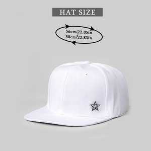 Detail showing white flat brim baseball cap with star embroidery and size dimensions