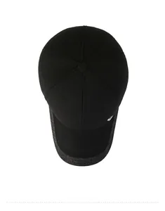 Top view of a winter baseball cap in black fabric with textured grey brim edge detail