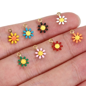 Golden stainless steel daisy charms with colorful enamel for DIY necklaces and bracelets