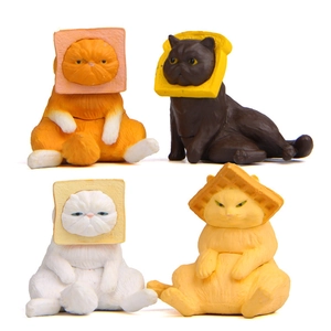 Creative Cat Figurines With Bread Toast Headgear PVC Resin Miniature Animals For Home Desk Decor Cute Cartoon Statue