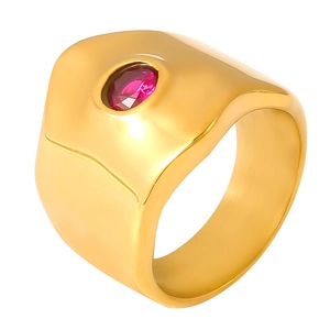 Adjustable gold stainless steel ring featuring a wide band and red oval zircon stone