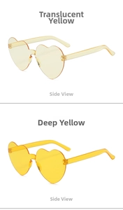 Detail view of heart-shaped rimless sunglasses in transparent and dark yellow lens shades