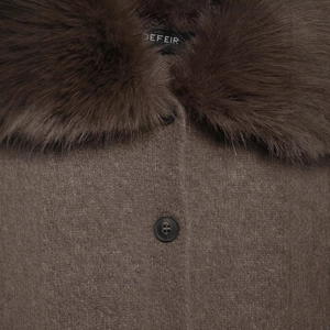 Women's dark brown faux fur collar knit jacket with thick lapels and button details