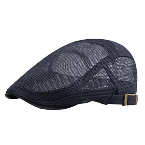 Dark blue breathable mesh beret hat with adjustable metal buckle on white background