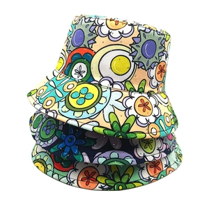 Women Bucket Hat Polyester Rhinestone Floral Print Pop Art Cartoon Foldable Reversible Outdoor Sun Protection Hat