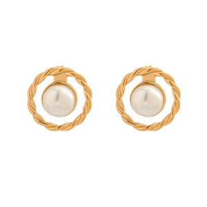 Elegant gold twisted rope earrings with white pearl inlay, vintage luxury style jewelry