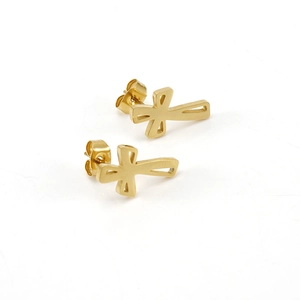 Cross-shaped 18K gold plated stainless steel stud earrings shown on white background