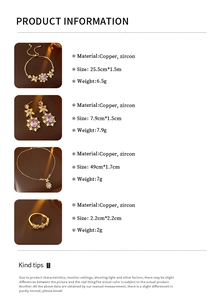 Detailed product specifications for vintage zircon flower jewelry set including size and weight