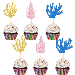 Glitter coral cake toppers set for mermaid themed birthday parties in gold pink and blue