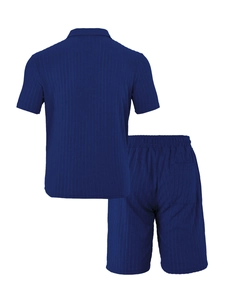 Rear view detail of dark blue men's leisure set with vertical ribbed texture fabric