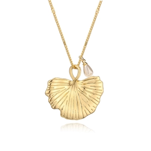 Elegant 18K gold plated ginkgo leaf necklace with a teardrop pearl pendant on gold chain