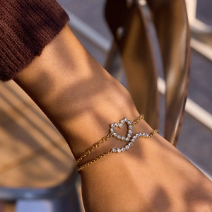 Bracelet double couche en plaqué or 18 carats avec cœur et zircons blancs pour femmes