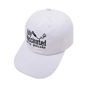 Detail of black embroidery on white cotton baseball cap with medical syringe heart icon