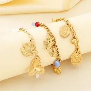 Stainless Steel Charm Bracelet Gold Plated Angel Cupid Virgin Mary Cross Flower Heart Butterfly Artificial Pearl Beads Jewelry For Women