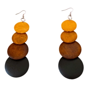 Bohemian gradient wooden disc drop earrings with four-color round beads and silver hooks