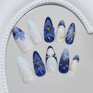 Retro blue lily floral press-on nails with 3D shell stripes and elegant pearls