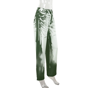 Close-up of high-waist green and white abstract inkjet print wide-leg trousers